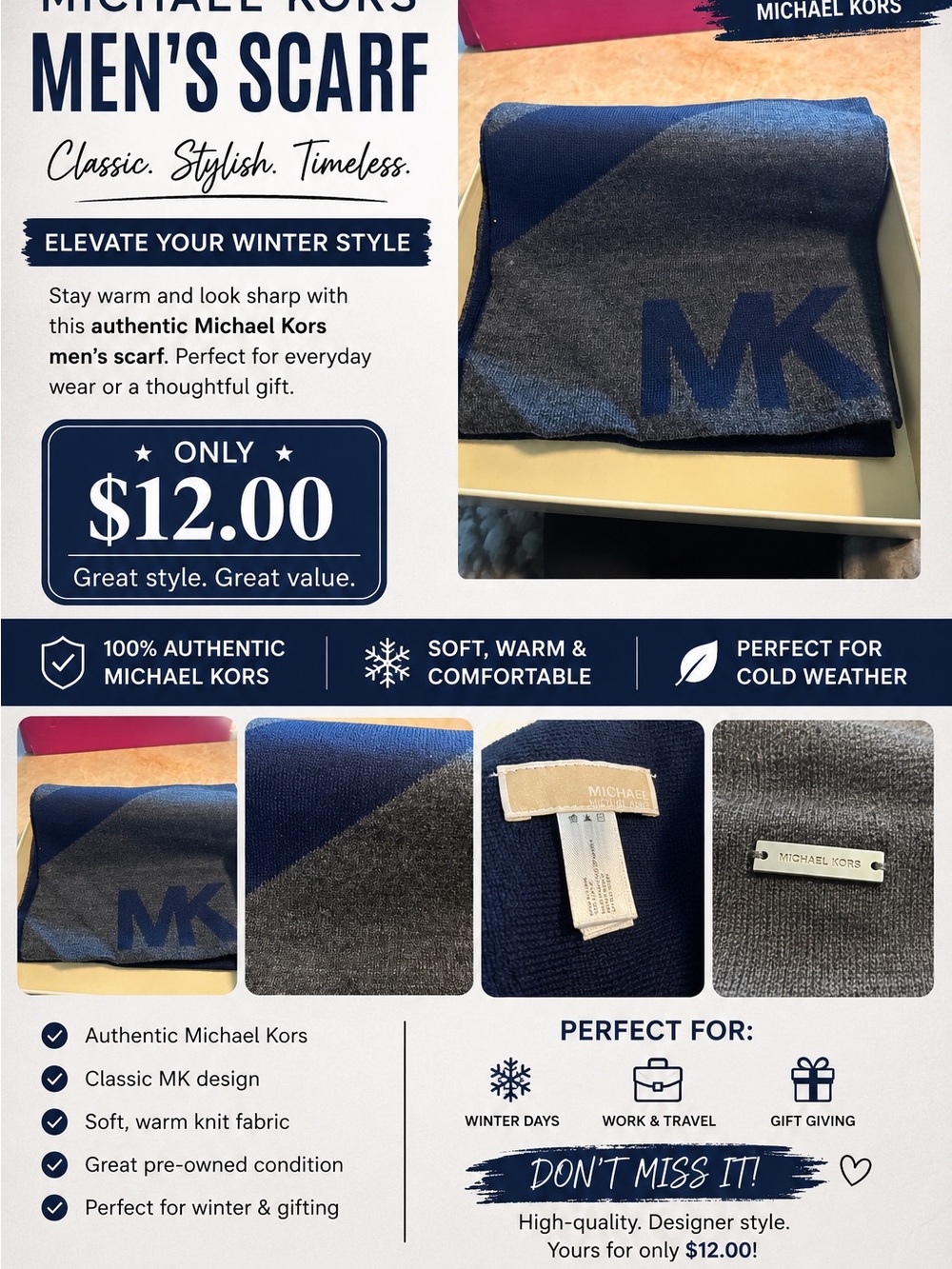 Michael Kors Navy and Gray MK Logo Men's Scarf